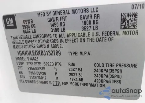 2011 Chevrolet Traverse Ltz z USA, uszkodzony, nr VIN 1GNKVLEDXBJ132789